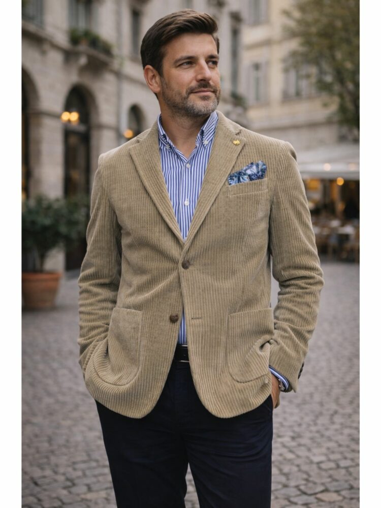 Giacca Uomo Cauteri Beige in Velluto a Coste Larghe con Pochette Elegante Made in Italy
