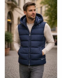 Giubbotto Uomo Smanicato Trapuntato Cauteri Blu Scuro con Cappuccio e Term System