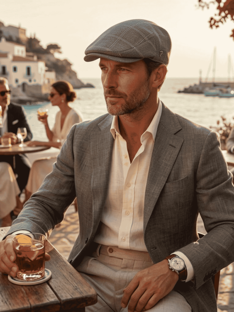 Panizza Berretto Peaked Grigio Quadro Marrone Lino Cotone Made in Italy Cappello Estivo Leggero Traspirante Design Artigianale