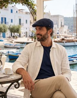 Panizza Berretto Bullet Blu in 100% Puro Lino - Coppola Uomo Estiva Made in Italy - Cappello Piatto Traspirante Leggero